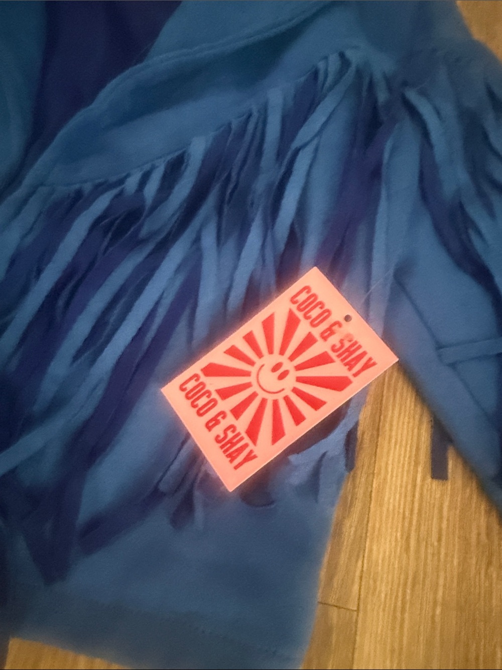 COCO & SHAY Blue Fringe Cropped Jacket with Neon Coral Label - Picture 3 of 8